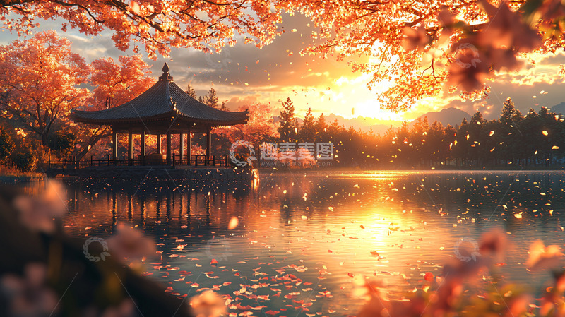 高清大图下载【趣麦麦图】日落余晖下的中国亭台