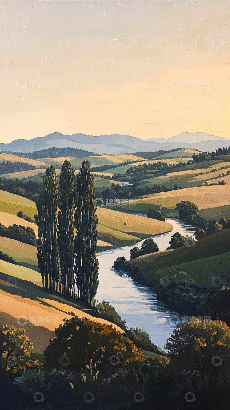 高清大图下载【趣麦麦图】傍晚河谷树木风景画