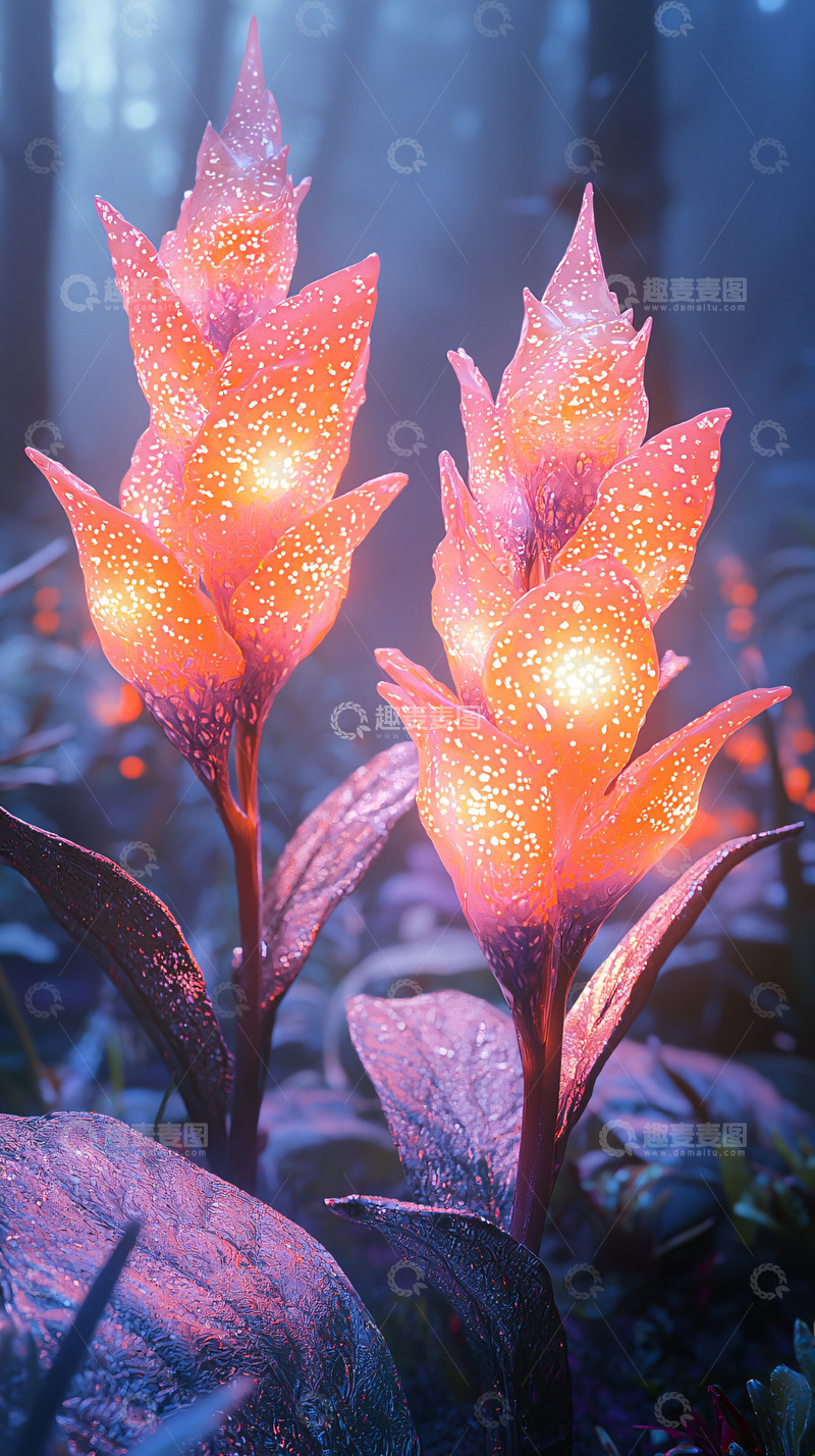 高清大图下载【趣麦麦图】雾气森林中的发光花朵