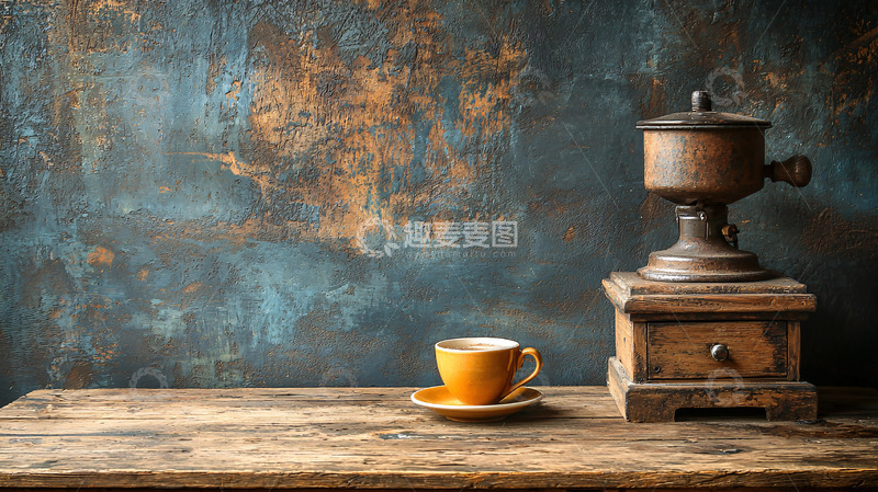 高清大图下载【趣麦麦图】复古咖啡磨豆机和咖啡杯