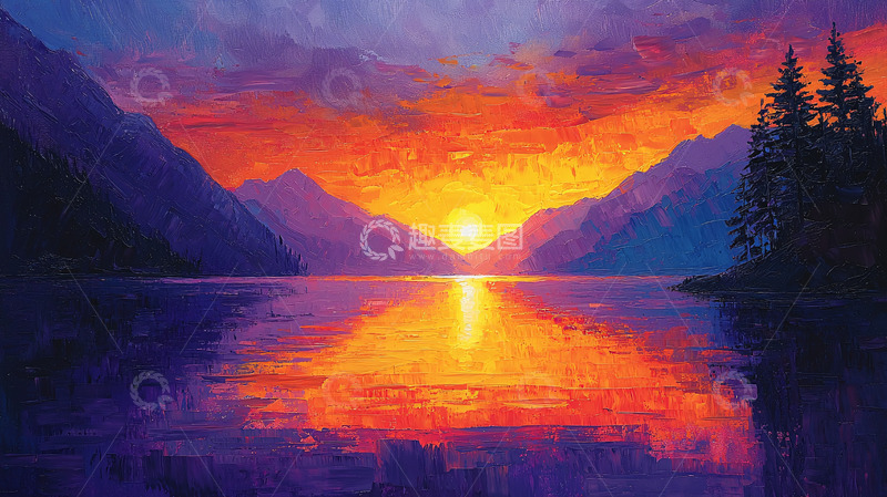高清大图下载【趣麦麦图】宁静湖面上的绚丽日落