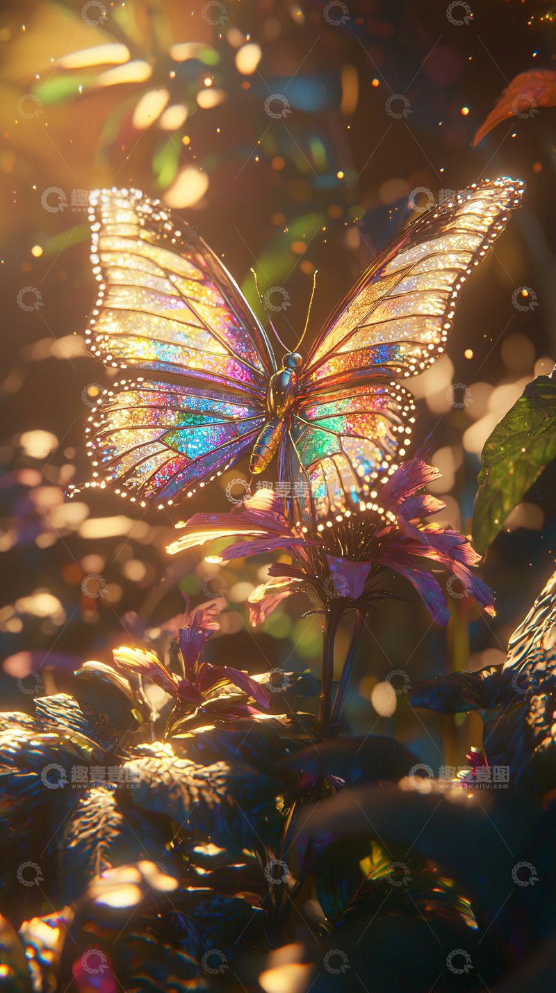 高清大图下载【趣麦麦图】梦幻彩蝶停在花朵上