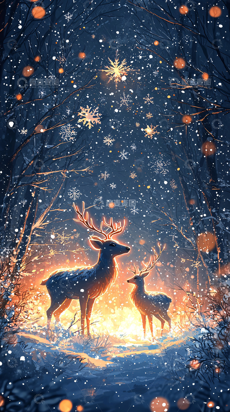 高清大图下载【趣麦麦图】冬夜森林里的发光驯鹿