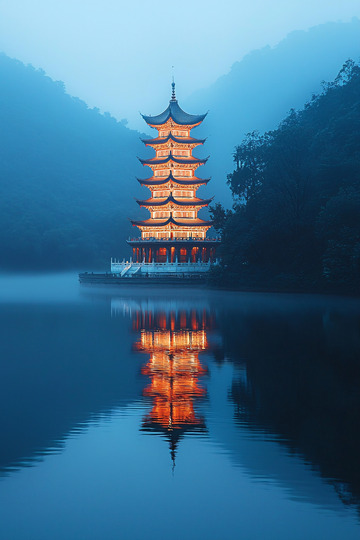 湖中夜景塔