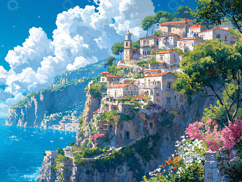 高清大图下载【趣麦麦图】意大利海岸悬崖小镇