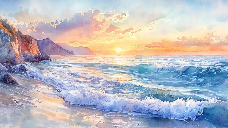 高清大图下载【趣麦麦图】海边日落水彩画