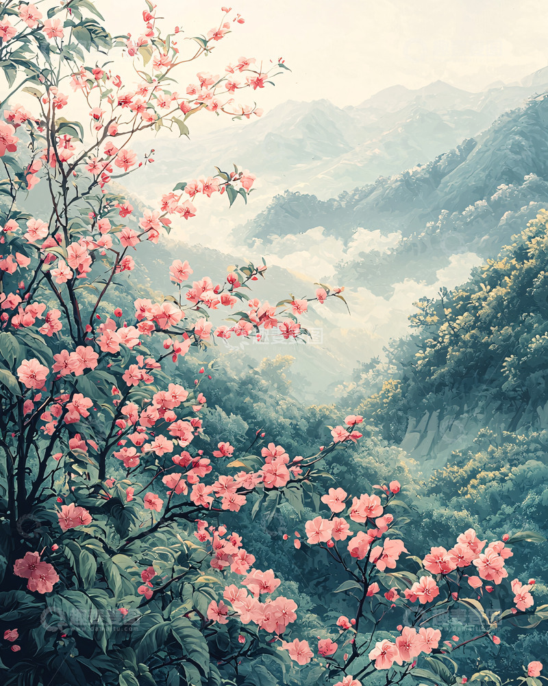 高清大图下载【趣麦麦图】粉嫩樱花山谷景色