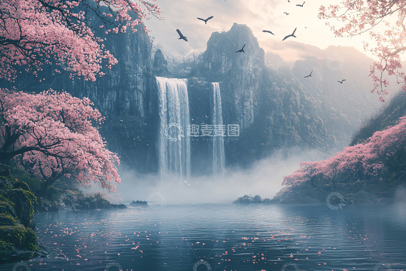 高清大图下载【趣麦麦图】樱花飞舞的瀑布山水