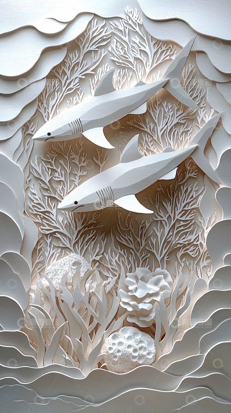 高清大图下载【趣麦麦图】白色鲨鱼珊瑚礁纸艺