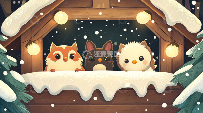 高清大图下载【趣麦麦图】冬夜小屋里三只可爱动物