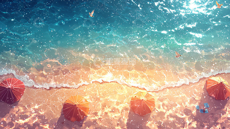 高清大图下载【趣麦麦图】俯瞰沙滩海浪彩色遮阳伞