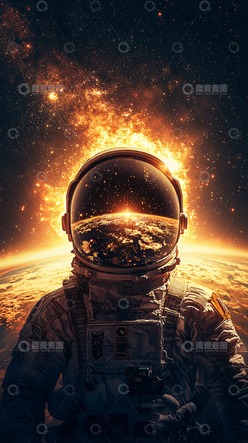 高清大图下载【趣麦麦图】宇航员太空火焰地球