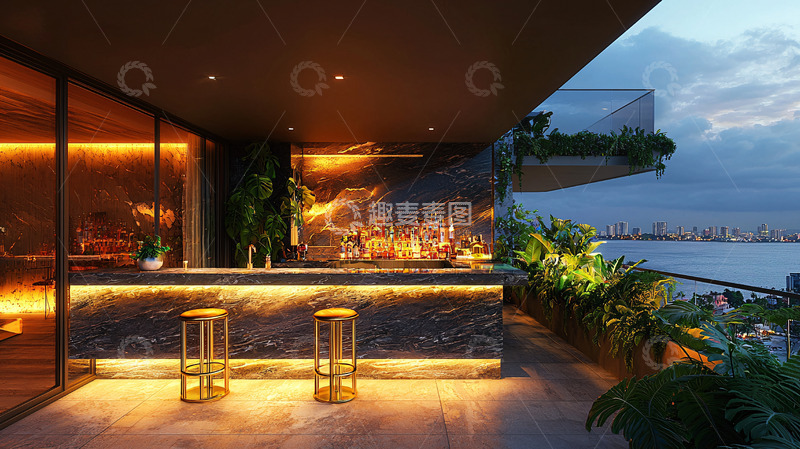 高清大图下载【趣麦麦图】露台吧台夜景黄昏