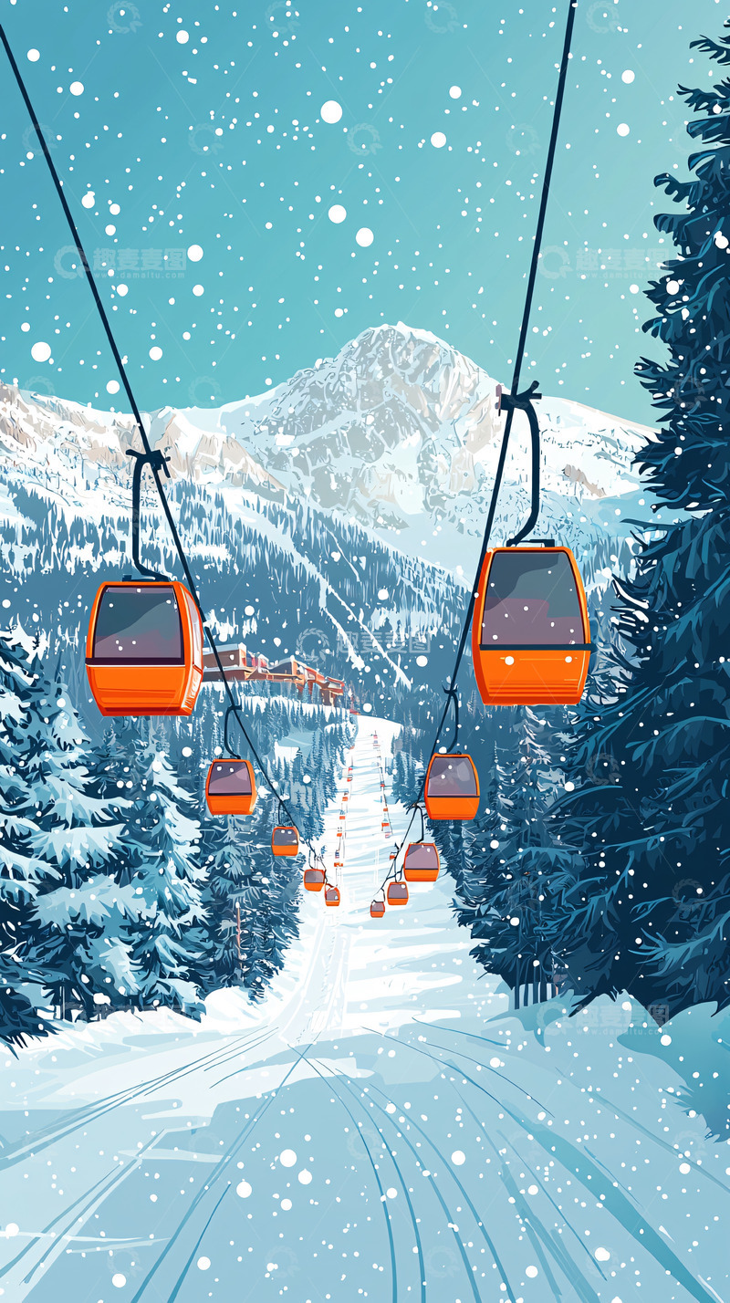 高清大图下载【趣麦麦图】雪山缆车雪景图