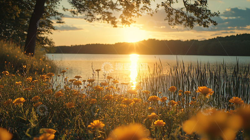 高清大图下载【趣麦麦图】夕阳西下湖边野花