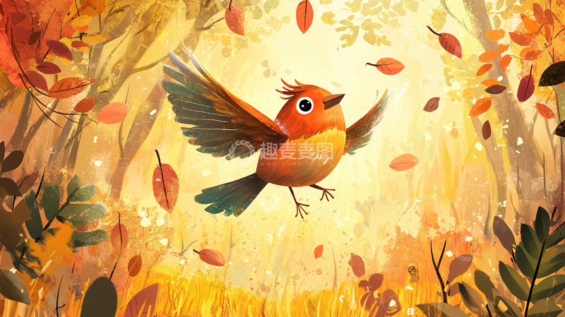 高清大图下载【趣麦麦图】秋日森林里飞翔的小鸟