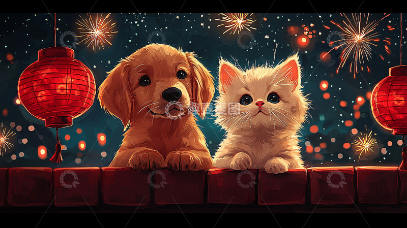 高清大图下载【趣麦麦图】新年快乐狗狗猫咪
