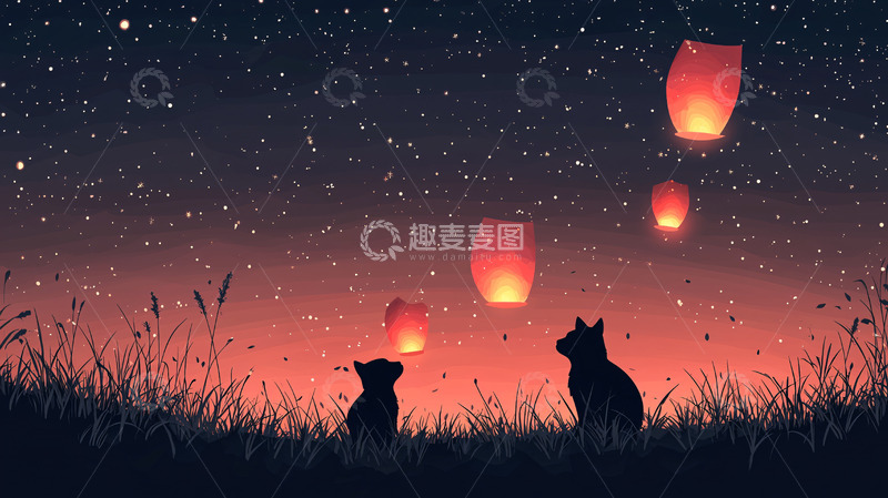 高清大图下载【趣麦麦图】星空下的猫咪和天灯