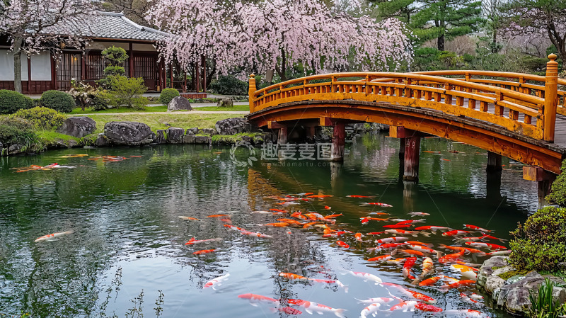 高清大图下载【趣麦麦图】樱花树下木桥鲤鱼池