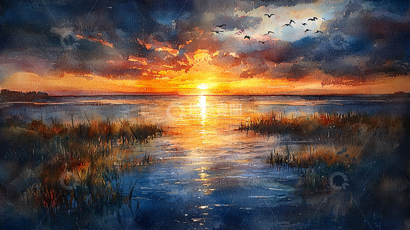 高清大图下载【趣麦麦图】日落湖景水彩画