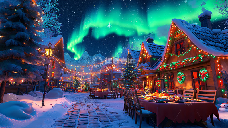 高清大图下载【趣麦麦图】极光下的圣诞小镇