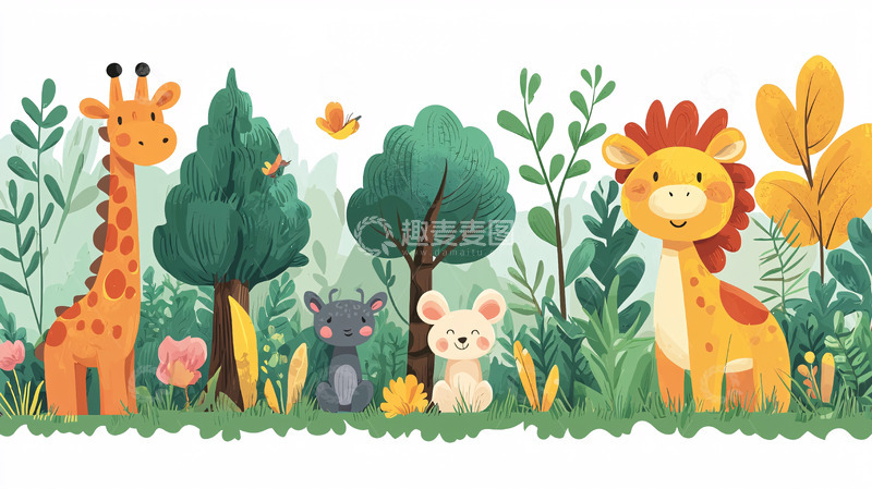 高清大图下载【趣麦麦图】卡通动物树林背景