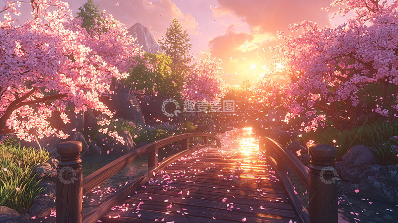 高清大图下载【趣麦麦图】唯美樱花树下小桥流水