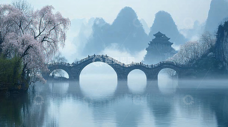 高清大图下载【趣麦麦图】水墨画风的桥