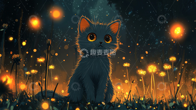 高清大图下载【趣麦麦图】夜晚森林小猫