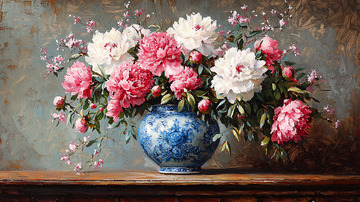 精美牡丹花瓶静物油画