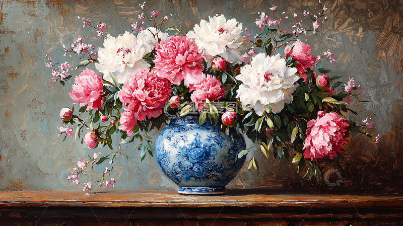 高清大图下载【趣麦麦图】精美牡丹花瓶静物油画