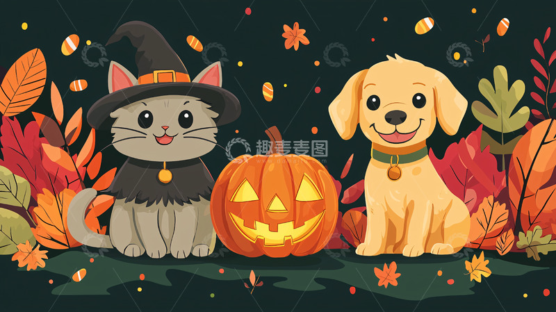 高清大图下载【趣麦麦图】可爱猫咪狗狗万圣节南瓜