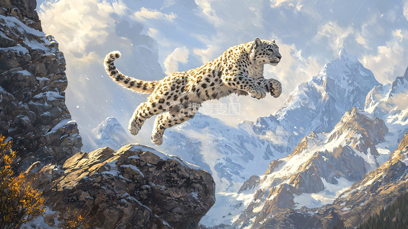 高清大图下载【趣麦麦图】雪豹跳跃山峰