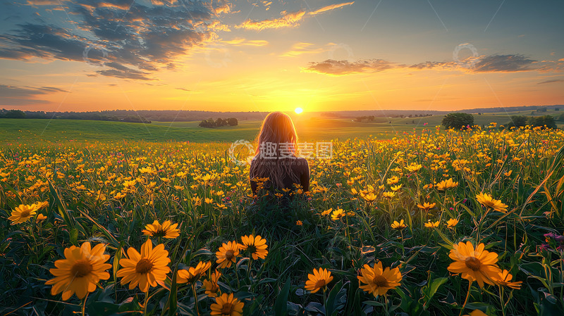 高清大图下载【趣麦麦图】夕阳下女孩花海背影