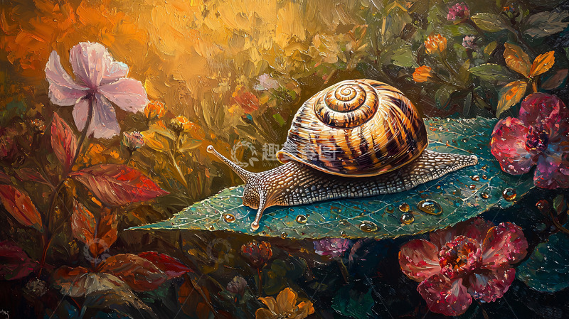 高清大图下载【趣麦麦图】蜗牛在花丛中的叶子上