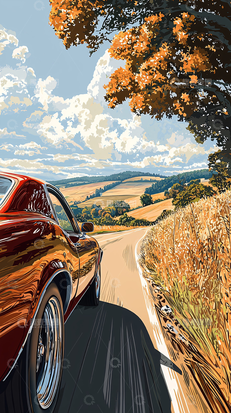 高清大图下载【趣麦麦图】红色跑车乡村公路