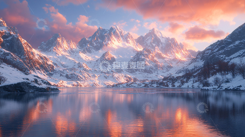 高清大图下载【趣麦麦图】雪山日出湖面倒影