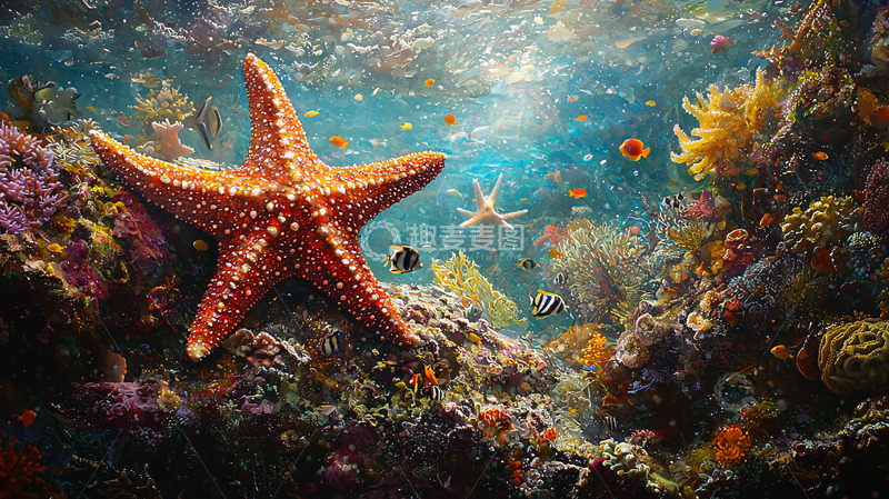 高清大图下载【趣麦麦图】海星与珊瑚礁生态系统