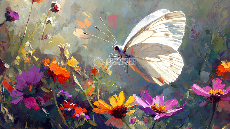 高清大图下载【趣麦麦图】白蝴蝶飞舞花丛中