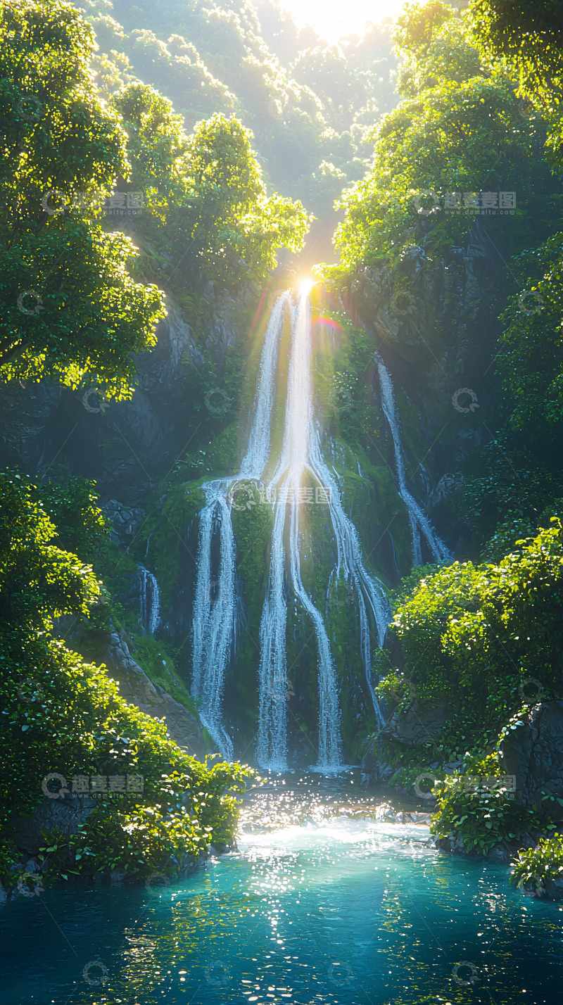 高清大图下载【趣麦麦图】阳光森林瀑布
