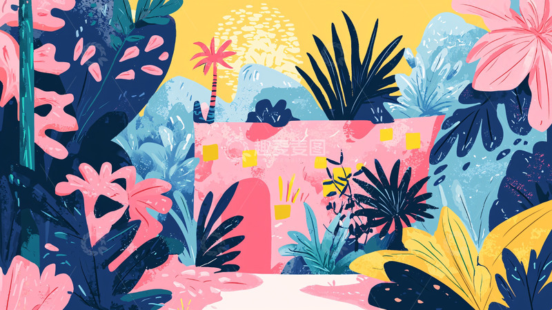 高清大图下载【趣麦麦图】热带植物粉色建筑