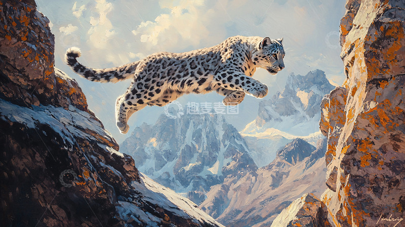 高清大图下载【趣麦麦图】雪豹跳跃山峰