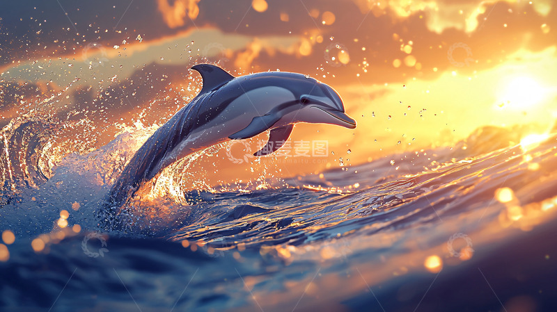 高清大图下载【趣麦麦图】日落时海豚跃出水面