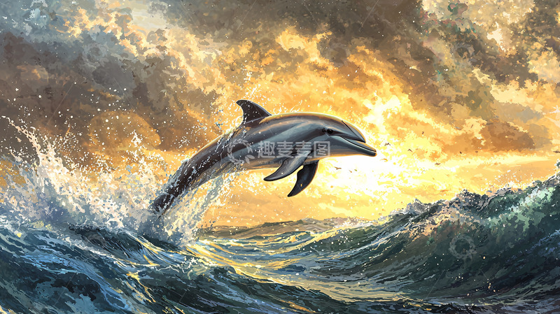 高清大图下载【趣麦麦图】海豚跃出海面日落剪影