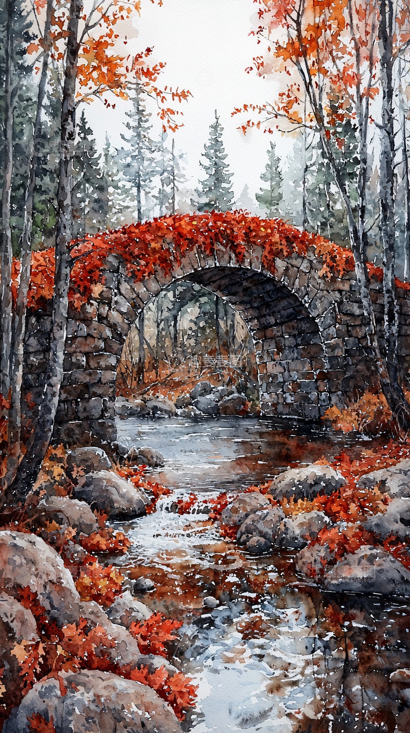 高清大图下载【趣麦麦图】秋日石桥流水