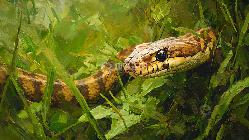 高清大图下载【趣麦麦图】水草中棕黄相间的蛇