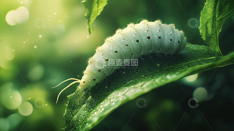 高清大图下载【趣麦麦图】清晨露珠上的白色蚕宝宝