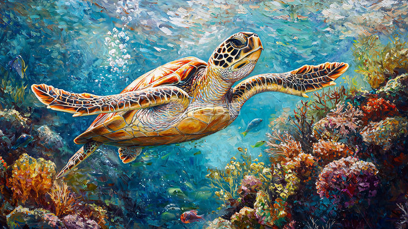 高清大图下载【趣麦麦图】海龟在珊瑚礁中游泳