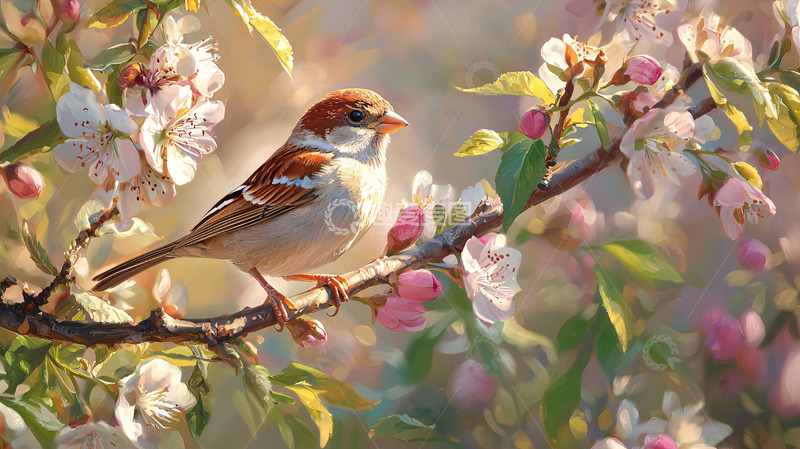 高清大图下载【趣麦麦图】麻雀在盛开的樱花树枝上