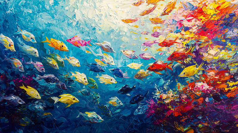 高清大图下载【趣麦麦图】色彩斑斓的鱼群油画